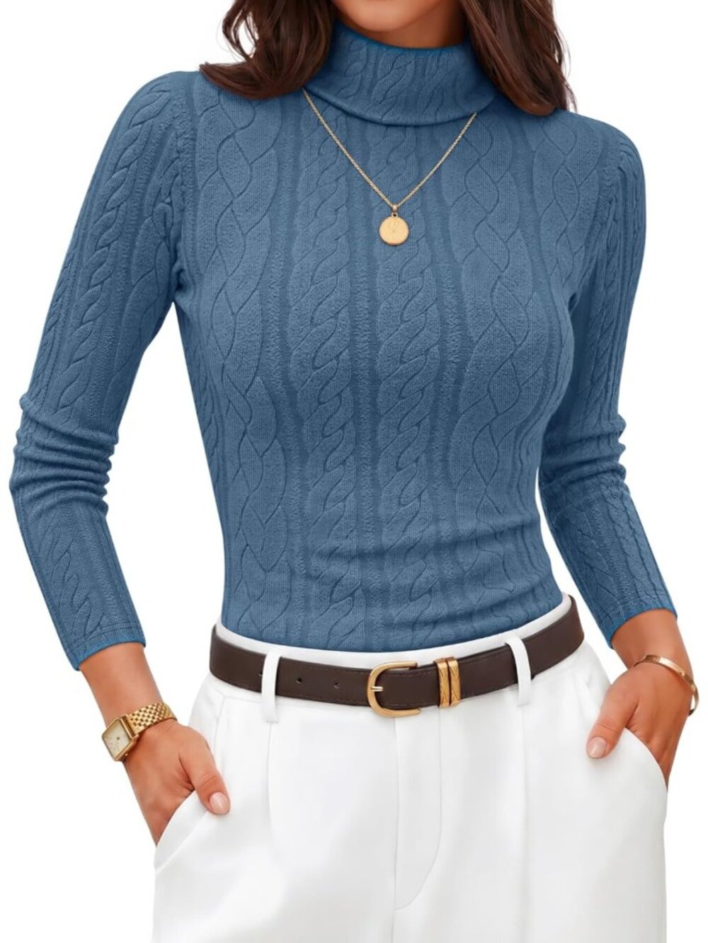 Women's Blue Cable Knit Turtleneck Long Sleeve Ruched Slim Fitted Pullover Top